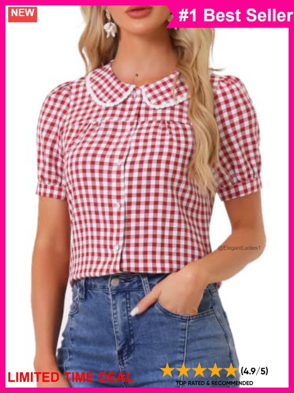 Gingham Button Down Shirt Peter Pan Collar Puff Sleeve Lace Trim Blouse